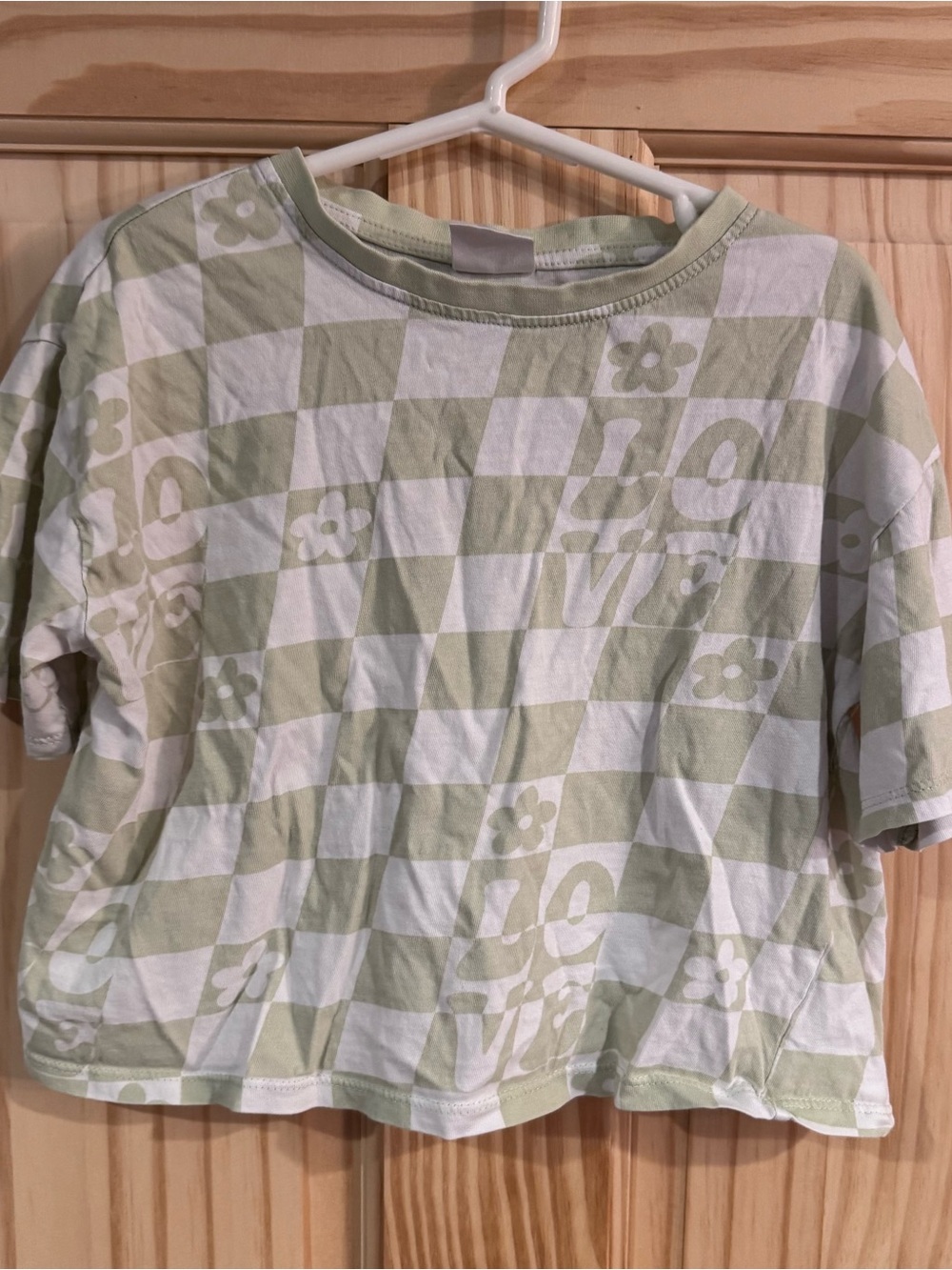 Zara Girls Checkerboard 'LOVE' Crop Boxy Short Sleeve Tee 7 medium